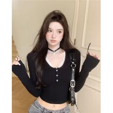 批发纯欲风辣妹长袖T恤女秋季设计感小众蕾丝拼接修身短款打底衫上衣