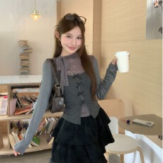 批发原版品质】气质绑带<b class='q'>长袖</b>T恤女秋季百搭吊带背心两件套