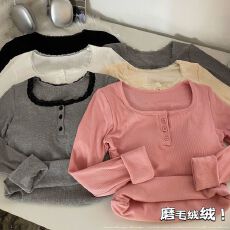 批发带胸垫 小众拼接蕾丝边方领带胸垫磨毛长袖女冬季加绒打底衫