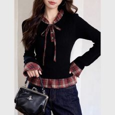 独特超好看黑色格纹拼接2026秋冬季女款内搭小香风潮流打底衫上衣