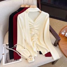 批发法式气质显瘦立体玫瑰挂脖飘带时尚T恤衫超好看独特修身打底上衣