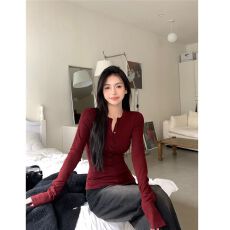 批发仿棉螺纹】设计感T恤女装秋冬叠穿内搭打底衫修身显瘦短款上衣