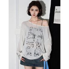 批发官图【+原版面料】斜肩露肩<b class='q'>长袖</b>防晒罩衫t恤一字肩小外搭