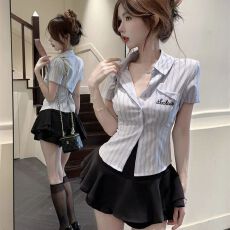 批发套装女夏季新款气质收腰显瘦<b class='q'>条纹</b>衬衫高腰<b class='q'>半身裙</b>两件套潮