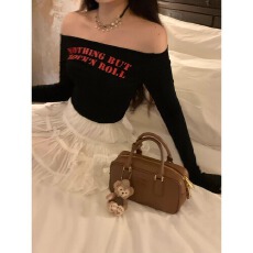 官图+原版质量字母印花辣妹T恤一字肩长袖修身上衣