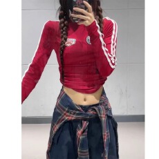 官图+原版质量服装美式复古酒红条纹短款紧身上衣