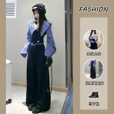 批发学院慵懒风一字肩条纹拼接上衣<b class='q'>女</b>2026<b class='q'>新款</b>显瘦修身垂感休闲裤套装