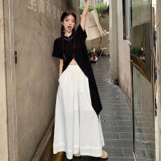 批发日系复古套装别致长款短袖气质宽松衬衫女<b class='q'>夏</b>季花边阔腿长裤两件套