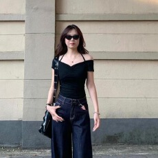 批发随心裁】纯欲一字肩挂脖短袖<b class='q'>T</b><b class='q'>恤</b>女夏季辣妹收腰<b class='q'>紧身</b>短款上衣