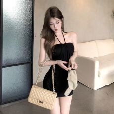 批发Pumpkin/彼得潘精灵 花苞挂脖系带度假风露背弹力纱裙<b class='q'>连衣裙</b>