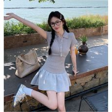 批发夏季新款复古拼接Polo领<b class='q'>连衣裙</b>修身显瘦短袖蓬蓬短裙女