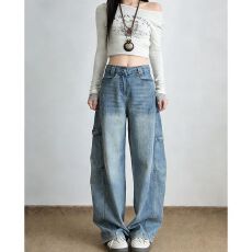 批发复古通勤潮流高腰阔腿牛仔<b class='q'>裤</b>女春秋款新款显瘦<b class='q'>宽松</b>阔腿牛仔<b class='q'>裤</b>潮