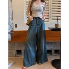 批发通勤潮流阔腿牛仔<b class='q'>裤</b>女春秋新款百搭高腰<b class='q'>宽松</b>显瘦显高拖地牛仔<b class='q'>裤</b>潮