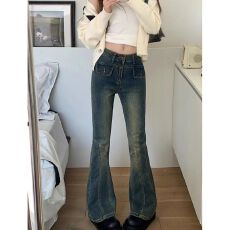 批发复古个性高腰微喇牛仔<b class='q'>裤</b>女春秋季新款辣妹时尚显瘦马蹄微喇牛仔<b class='q'>裤</b>
