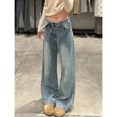 批发个性简约阔腿高腰牛仔<b class='q'>裤</b>女春秋季新款显瘦<b class='q'>宽松</b>时尚拖地牛仔<b class='q'>裤</b>潮