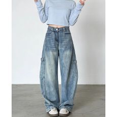通勤休闲潮流高腰阔腿牛仔裤女春秋款新款显瘦宽松阔腿牛仔裤潮