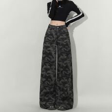 批发休闲通勤韩版工<b class='q'>装</b>迷彩阔腿牛仔<b class='q'>裤</b>女垂感时尚显瘦<b class='q'>宽松</b>拖地牛仔<b class='q'>裤</b>潮