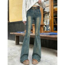 批发高街复古高腰微喇牛仔<b class='q'>裤</b>女春秋季新款辣妹时尚显瘦马蹄微喇牛仔<b class='q'>裤</b>