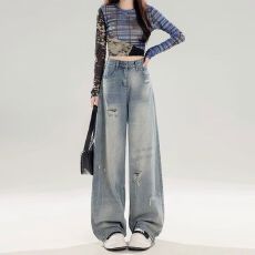 批发<b class='q'>大码</b>破洞牛仔<b class='q'>裤</b>女202春夏新款美式高腰阔腿<b class='q'>裤</b><b class='q'>宽松</b>直筒拖地长<b class='q'>裤</b>女