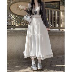 批发甜美<b class='q'>蕾丝</b>花边拼接半身裙女春夏2026新款宽松遮胯温柔高腰A字长裙