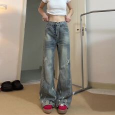 批发个性百搭高腰阔腿牛仔裤<b class='q'>女</b>春秋新款设计感宽松显瘦显高直筒牛仔裤