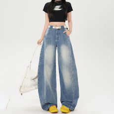 批发美式高街个性百搭阔腿牛仔裤<b class='q'>女</b>春秋款宽松显高时尚弯刀拖地牛仔裤