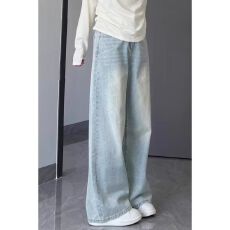 批发浅蓝色微喇牛仔裤<b class='q'>女</b>s码小个子宽松显瘦高腰垂感百搭阔腿拖地<b class='q'>长裤</b>