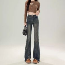 批发中性美式设计感街头高腰<b class='q'>牛仔裤</b>女时尚拖地<b class='q'>微喇</b><b class='q'>牛仔裤</b>潮