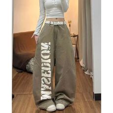 批发美式复古字母印花牛仔裤女宽松阔腿拖地工<b class='q'>装</b>牛仔裤子