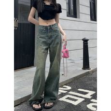 美式复古高腰阔腿牛仔裤女夏季设计感做旧水洗宽松直筒显瘦拖地裤