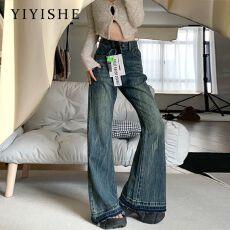 批发美式复古水洗做旧毛边微喇牛仔<b class='q'>裤</b>春秋大码<b class='q'>新款</b>小众设计感拖地<b class='q'>裤</b>子