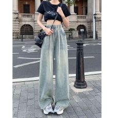 批发复古松紧腰抽绳<b class='q'>牛仔裤</b>女春夏韩版ins高腰显瘦学生直筒阔腿拖地裤