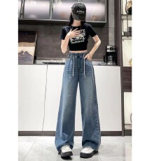 批发复古松紧腰抽绳<b class='q'>牛仔裤</b>女春夏韩版ins高腰显瘦学生直筒阔腿拖地裤