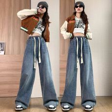 批发复古松紧腰抽绳<b class='q'>牛仔裤</b>女春秋韩版ins高腰显瘦学生直筒阔腿拖地裤