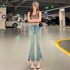 批发新款八分裤小个子弹力喇叭裤女夏季薄款重工艺<b class='q'>钉珠</b>开叉九分<b class='q'>牛仔裤</b>