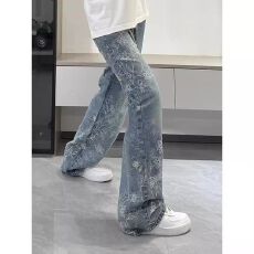 批发提花弯刀牛仔裤男女款秋季美式高街vibe裤子显瘦显高直筒裤