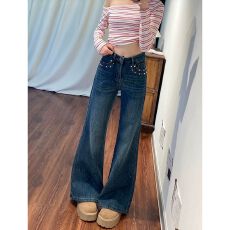 批发美式个性潮流<b class='q'>烫钻</b>微喇<b class='q'>牛仔裤</b>女春秋季新款高腰显瘦微弹喇叭<b class='q'>牛仔裤</b>