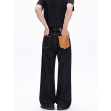 批发美式马毛口袋丹宁原色牛仔裤女情侣新款复古拼接高级感阔腿<b class='q'>休闲裤</b>