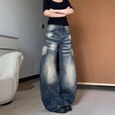 批发<b class='q'>大码</b>美式高街复古做旧弯刀牛仔<b class='q'>裤</b>女秋季新款宽松休闲阔腿拖地<b class='q'>裤</b>子