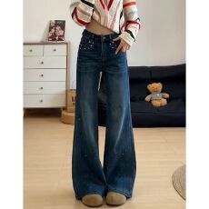 批发嘻哈原宿风烫钻微喇<b class='q'>牛仔裤</b>女春秋新款高腰显瘦个性微弹喇叭<b class='q'>牛仔裤</b>