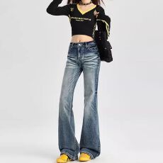 批发美式小众高街毛须<b class='q'>牛仔裤</b>女春秋季新款显瘦时尚设计感直筒<b class='q'>牛仔裤</b>潮