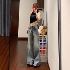 批发美式复古微喇<b class='q'>牛仔裤</b>女夏季低腰不贴腿宽松阔腿喇叭高个子加长裤子