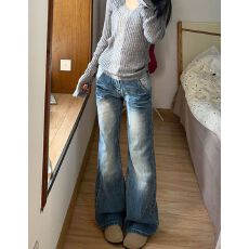 批发设计感街头个性休闲设计感喇叭牛仔裤女春<b class='q'>秋</b>季新款百搭微喇牛仔裤