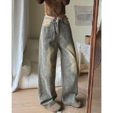 批发街头嘻哈阔腿牛仔裤女春<b class='q'>秋</b>季新款十字星设计感宽松直筒拖地牛仔裤