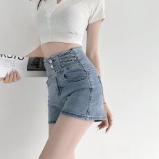 批发辣妹小蛮腰交叉编织超<b class='q'>高腰</b>收腹<b class='q'>牛仔</b><b class='q'>短裤</b>女百搭提臀宽松阔腿热裤潮