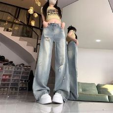 批发大码破洞牛仔裤女2026<b class='q'>春</b>夏新款美式高腰阔腿裤宽松直筒拖地长裤女