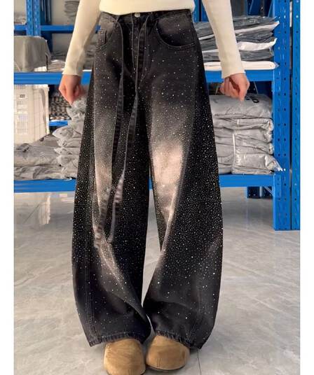 웃음 하한 에디션 핫픽스 패치워크 넓은 다리 청바지 아이들 봄 가을 새로운 루즈핏 슬림해 보이는 바닥 청소 청바지