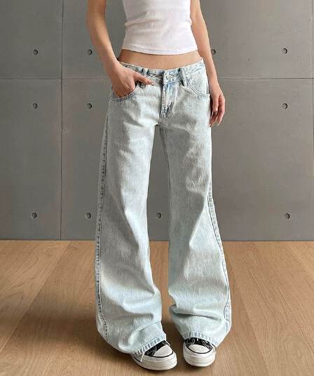 아메리칸 레트로 핫걸 워싱 하늘색 로우 웨이스트 청바지 여성 cleanfit 몸매 가꾸기 슬림해 보이는 와이드 레그 팬츠 어린이 트렌디