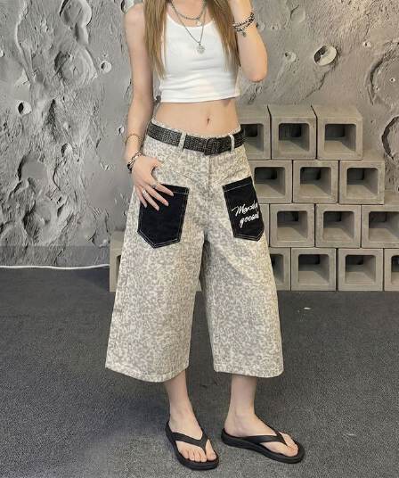 레오파드 무늬 7 점 청바지 여성 봄 여름 새로운 개성 디자인 센스 주머니 배색 패치워크 루즈핏 다용도 청바지
