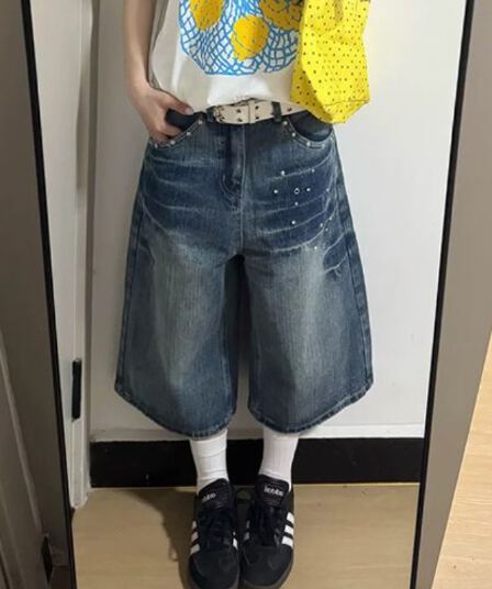 출퇴근 한국 스타일 ins 데님 7부 바지 여성 봄 여름 섹션 워싱 다용도 루즈핏 넓은 다리 청바지 트렌디